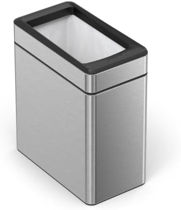 simplehuman 10 Liter / 2.6 Gallon Profile Open Trash Can, Slim Trash Can for Bedroom, Bathroom, Office, Brushed Stainless Steel