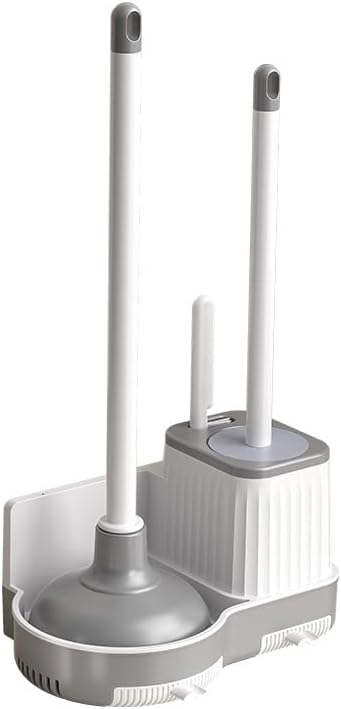 3-in-1 Toilet Brush and Plunger Set with Hidden Holder, Vented Stand & Drip Tray, Hangable or Freestanding, 360° Deep-Clean Brush Head + Gap Brush, Shatter-Resistant Handles（White）
