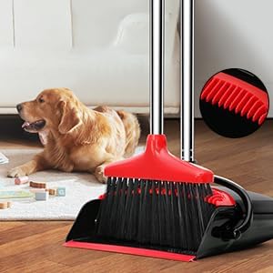 Loonpon Broom with Dustpan Combo Set, 43” Long Handle Broom and Dustpan Set, Upright Standing Dust Pan for Home and Kitchen, Brooms for Sweeping Indoor（Black&Red）