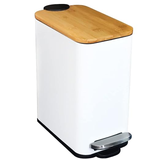 SIDIANBAN Bathroom Trash Can with Bamboo Lid Soft Close and Foot Pedal, Small Rectangular Slim Garbage Can with Inner Wastebasket for Bedroom, Office, Kitchen, 1.3Gal/5L, White