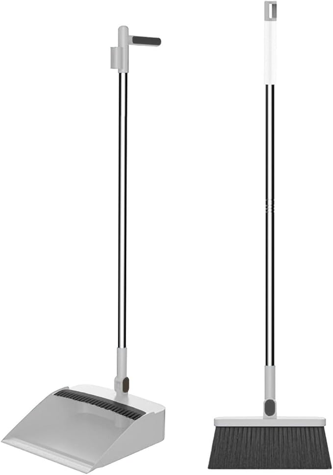 Foldable Broom and Dustpan Combo Set,Long Handle Brush with Upright Stand,Ideal for Home,Office,School,Dorms, Bathroom (White)