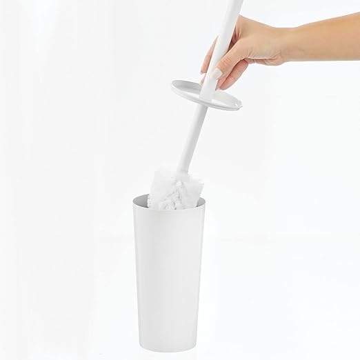 mDesign Metal Freestanding Slim Toilet Bowl Brush and Holder + Rectangle Narrow 5 Liter / 1.3 Gallon Step Pedal Trash Can Wastebasket for Bathroom - Small, Compact Design - Set of 2 - White