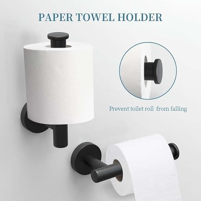 Towel Ring Set 3 Pieces Bathroom Kit Accessories Restroom Towel Holder Toilet Paper Holder and Hook Set Stainless Steel Bathroom Hardware (Matte Black)