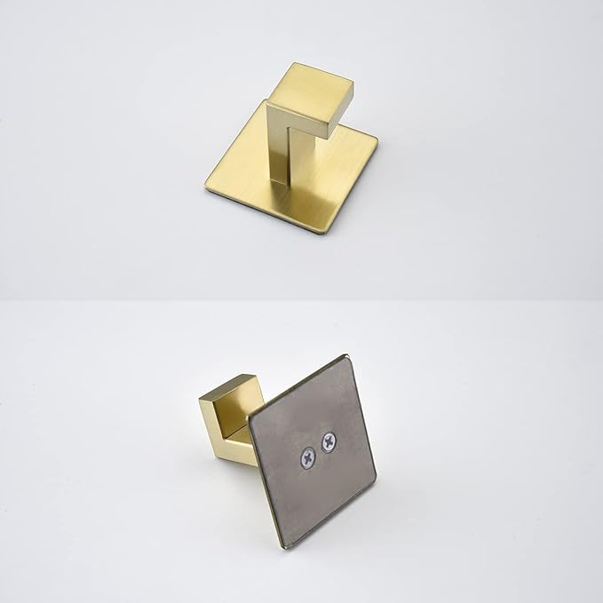 Flybath Square Towel Hooks Robe Hook Holder SUS 304 Stainless Steel Bath Kitchen Door Wall Stick on Coat Hooks for Hanging Self Adhesive, Brushed Gold - 2 Pack