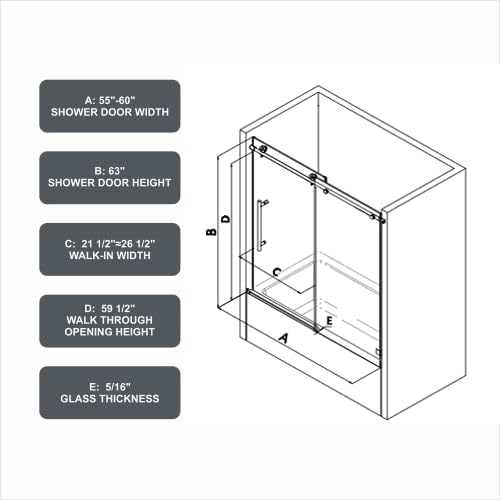 Favfurish Single Sliding Shower Door,55"-60" W x 63" H Frameless Shower Door with 5/16" (8mm) Thick SGCC Tempered Glass W/Adjustable Soft Closing,Bathroom Glass Door for Spa（Brushed Nickel）