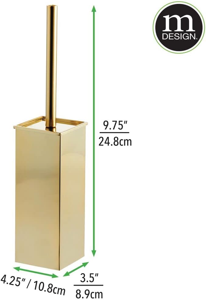 mDesign Steel Square Modern Toilet Bowl Brush and Holder for Bathroom Storage and Organization, Compact Free-Standing Design, Covered Brush - Sturdy, Deep Cleaning - Citi Collection - Soft Brass