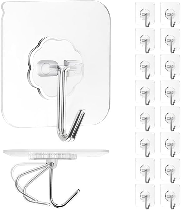 Adhesive Wall Hook, Set Heavy-Duty Thickened self-Adhesive Hook，16Pcs，33lb max Loading，Transparent, Waterproof, Bathroom, Outdoor, Kitchen, Doors, Practical Tools.
