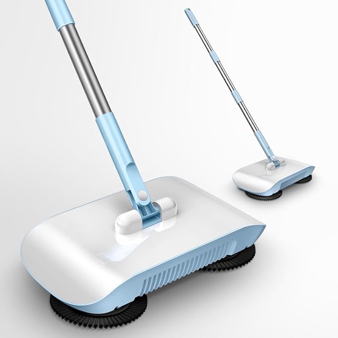 2 in 1 Carpet Sweeper Cleaner, Vacuum Broom Powerful Manual Vacuum Cleaner Hand Push Sweeper Mop Cleaning Machine with Cloth (with One Cloth), Blue