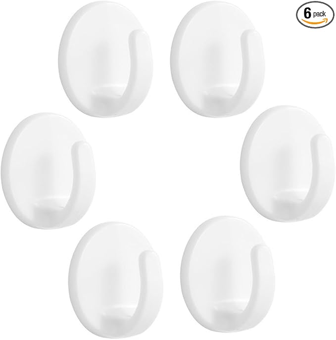 lightstar 6 Pcs Adhesive Plastic Hooks - Small Wall Hooks for Hanging, Drill-Free, Seamless - Kitchen Bathroom - 44 * 44 * 25 mm, White (for 2.5 LB)
