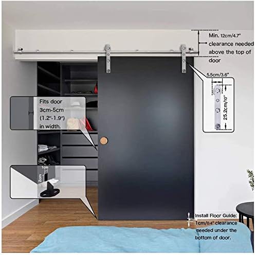 CCJH 5.2FT Stainless Sliding Barn Door Hardware Kit Heavy Duty for Single Wooden Door (Flat Shape Hanger)