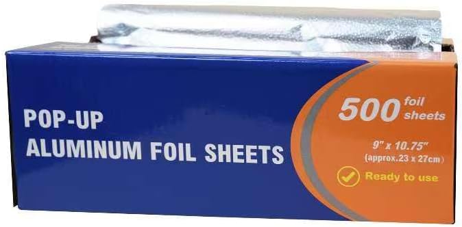 Pre-Cut Pop-Up Aluminum Foil Sheets, 9 x 10.75 Inches, 500 Sheets Bulk Pack – Disposable Foil Wraps for Sandwiches, Burritos & BBQ – Ideal for Food Service, Catering & Home Kitchen