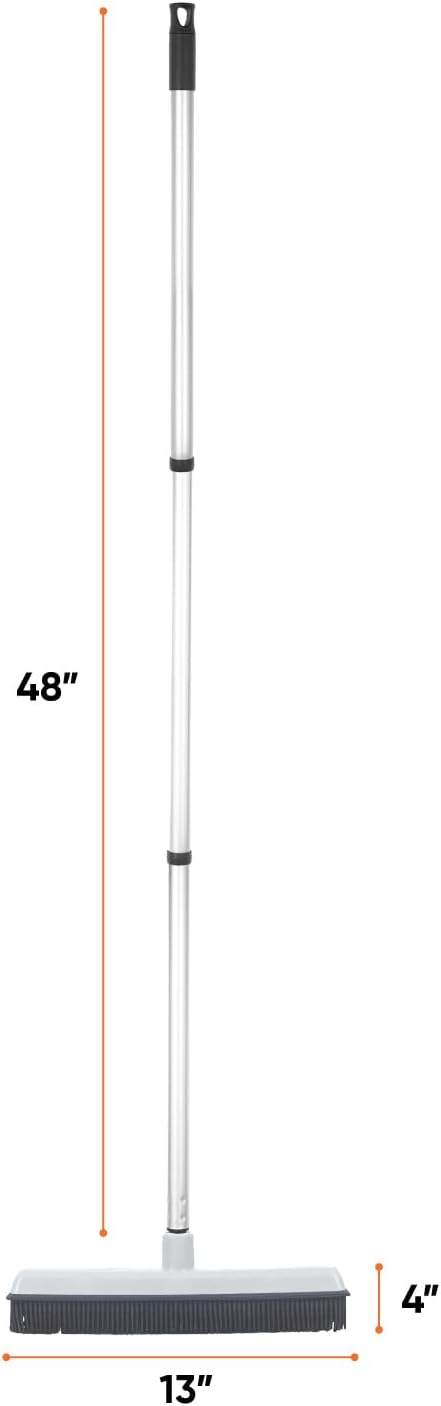 Rubber Bristle Floor Broom, Salon Squeegee & Rug Rake for Human Hair, Pet Hair, Fur, Lint, and Liquid, with 3-Part Handle, Grey, 2 Pack, by Superio