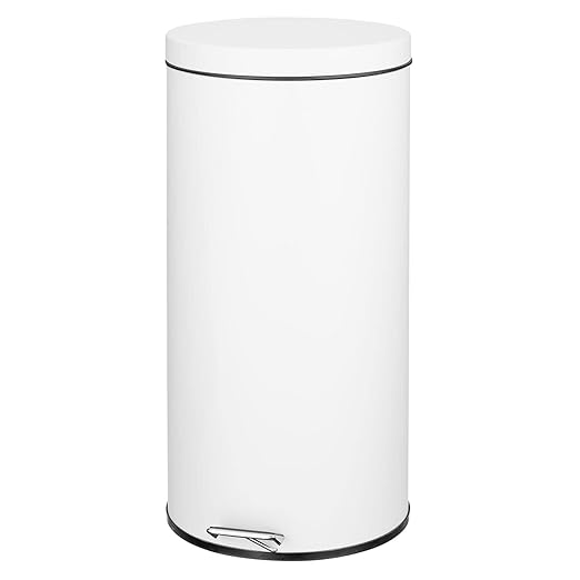 mDesign Tall 30 Liter, Large Round Metal Lidded Step Trash Can, Thin Compact Garbage Bin with Removable Liner Bucket for Bathroom, Kitchen, Craft Room, Office, Garage - White