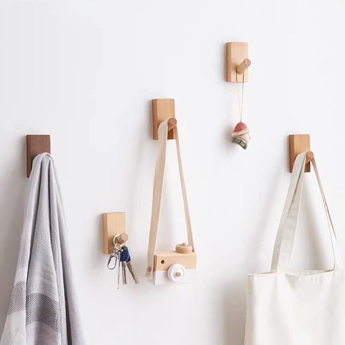 HomeDo 8Pack Adhesive Wall Hooks Hat Rack, Wooden Coat Hooks Wall Mounted, Decorative Hooks Single Organizer Hat Hanger Towel Rack, Heavy Duty Hooks (Rectangle-Beech,8P)