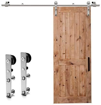 CCJH 5.2FT Stainless Sliding Barn Door Hardware Kit Heavy Duty for Single Wooden Door (Flat Shape Hanger)