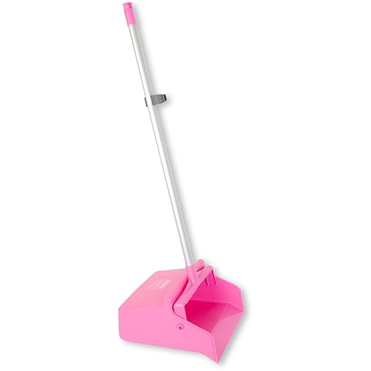SPARTA Upright Dustpan with Aluminum Handle, Serrated Edge for Broom Combing, Secure Yoke Lock with Easy Storage Hanging Hole for Commercial Cleaning, Plastic, 30 Inches, Pink