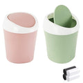 2 Pcs Plastic Mini Wastebasket Trash Can with 120 Trash Bags, Tiny Desktop Waste Garbage Bin with Swing Lid for Home, Office, Kitchen, Vanity Tabletop, Bedroom, Bathroom (Green + Pink)