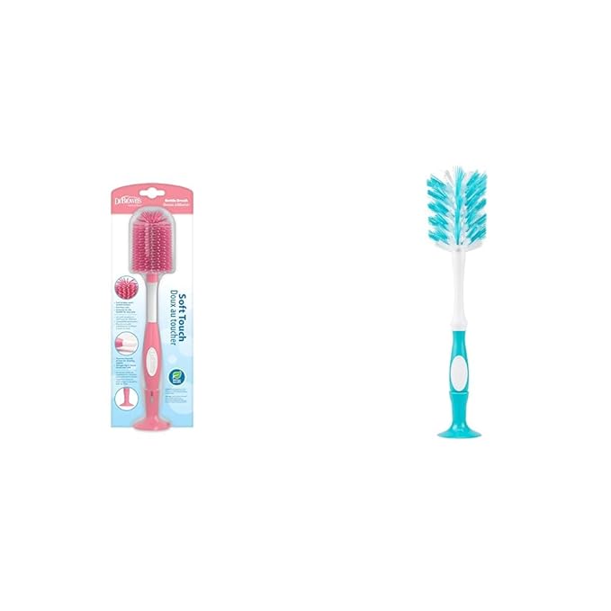 Dr. Brown's Soft Touch No Scratch Baby Bottle Cleaning Brush, Pink, 1-Pack + Deluxe Baby Bottle Brush with Vent Cleaning Brush, BPA-Free, Blue, 1-Pack