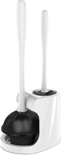 2 in 1 Toilet Brush and Plunger Set - Toilet Brush with Solid Handle, Stand and Holder for Deeply Cleaning in Bathrooms - Plastic Toilet Brush and Holder Set in White