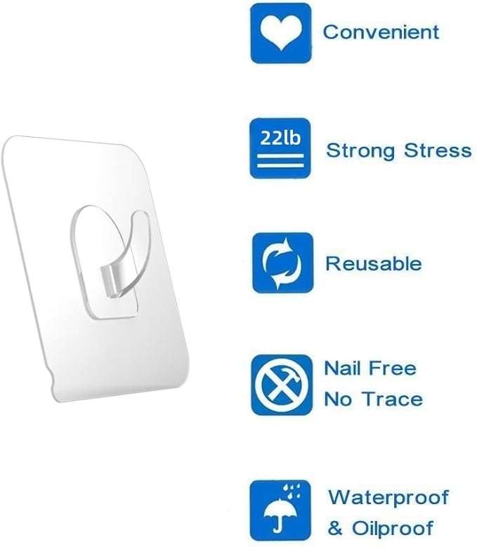 30 Pack Adhesive Hooks for Hanging, 33lb Heavy Duty Wall Hooks, Clear Plastic Sticky Utility Hook for Home Kitchen Bathroom Office Use