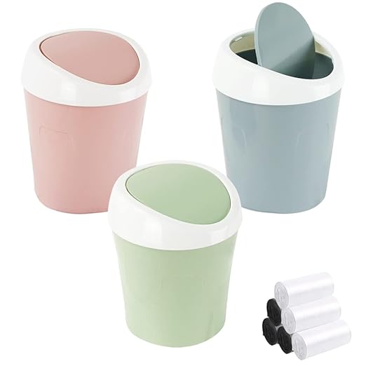 Mini Swing Lid Desktop Trash Can, Blue + Green + Pink, Plastic, 3 Colors, 180 Count