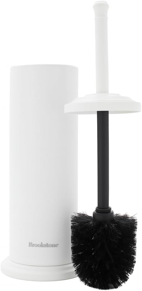 BROOKSTONE Toilet Brush and Holder Set for Bathroom with Splash Guard for Deep Cleaning, Compact and Space Saving Stylish Toilet Bowl Cleaners, White