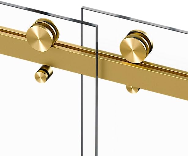 VITRA-200X 56.5-60" W x 78" High 3/8" Twinglide Frameless Shower Door with (10mm) Clear Tempered Glass (Satin Brass - Towel BAR & KNOB)