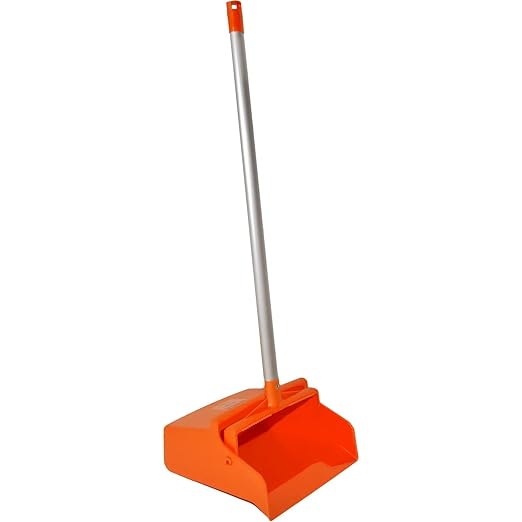 SPARTA Upright Dustpan with Aluminum Handle, Serrated Edge for Broom Combing, Secure Yoke Lock with Easy Storage Hanging Hole for Commercial Cleaning, Plastic, 30 Inches, Orange, (Pack of 6)