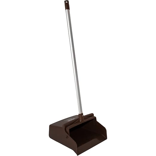 SPARTA Upright Dustpan with Aluminum Handle Serrated Edge for Broom Combing, Secure Yoke Lock with Easy Storage Hanging Hole for Commercial Cleaning, Plastic, 30 Inches, Brown
