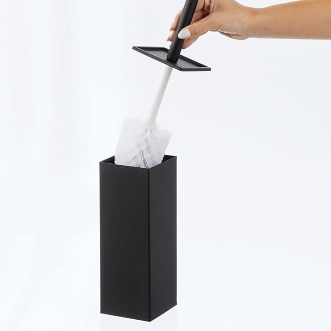 mDesign Steel Square Modern Toilet Bowl Brush and Holder for Bathroom Storage and Organization, Compact Free-Standing Design, Covered Brush - Sturdy, Deep Cleaning - Citi Collection - Matte Black