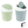 2 Pcs Plastic Mini Wastebasket Trash Can with 120 Trash Bags, Tiny Desktop Waste Garbage Bin with Swing Lid for Home, Office, Kitchen, Vanity Tabletop, Bedroom, Bathroom (Blue + Green)