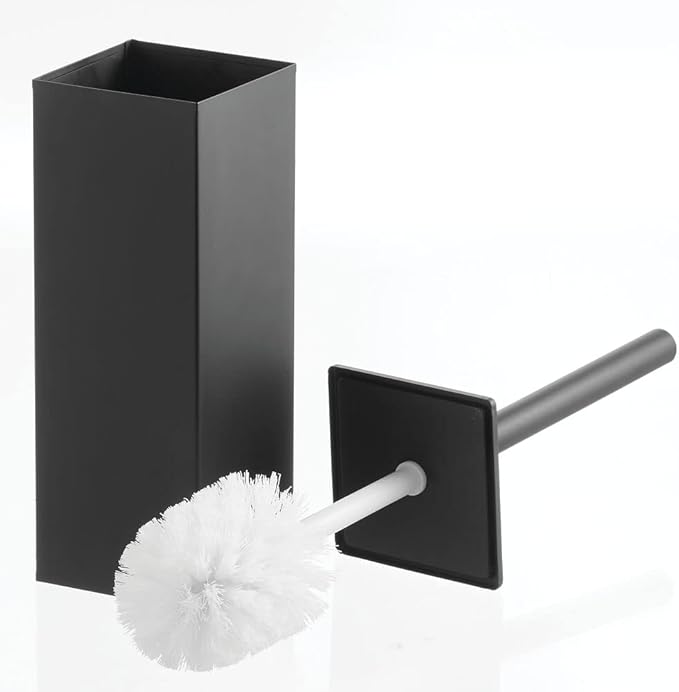 mDesign Steel Square Modern Toilet Bowl Brush and Holder for Bathroom Storage and Organization, Compact Free-Standing Design, Covered Brush - Sturdy, Deep Cleaning - Citi Collection - Matte Black