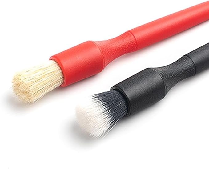 Detail Factory - Boar Hair Detailing Brush Short-Handle + Long-Handle Combo Kit - Comfortable Grip and Heavy-Duty Scrubbing for Interior, Exterior, Engine Bay, Wheels, Exhaust Tips, Red + Black