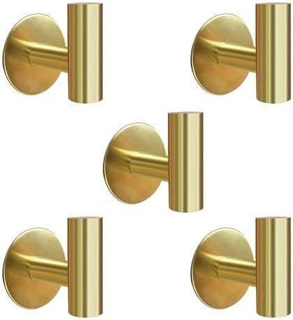 Adhesive Towel Hooks, Brushed Gold SUS 304 Stainless Steel Heavy Duty Waterproof Wall Hooks, Self Adhesive Coat Robe Hooks for Bathrooms Kitchen Wall Mounted (Brushed Gold, 5 Pcs)