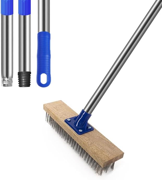 MEIBEI Deck Brush, Stainless Steel Wire with Long Handle 57", Perfect for Algae, Tough Stains on Concrete, Walkways, Patio and Swimming Pool