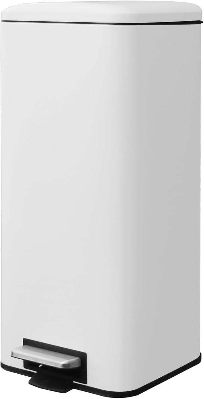 8 Gallon Trash Can with Lid, White Kitchen Trash Can with Soft Close, Inner Bucket & Steel Pedal, Stainless Steel Garbage Can for Kitchen, Laundry Room, Office, Bathroom, Dorm, 30 Liters