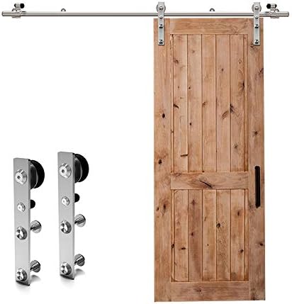 CCJH 7FT Stainless Sliding Barn Door Hardware Kit Heavy Duty for Single Wooden Door (Flat Shape Hanger)