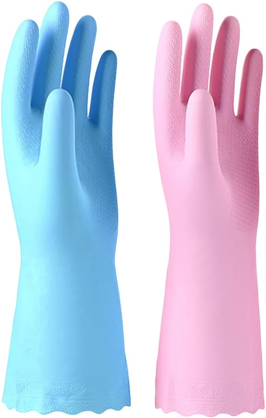 Alimat PluS 2 Pack Reusable Cleaning Gloves Latex Free, Dishwashing Gloves with Cotton Flock Liner and Embossed Palm, Waterproof Household Gloves for Laundry, Gardening（Small）