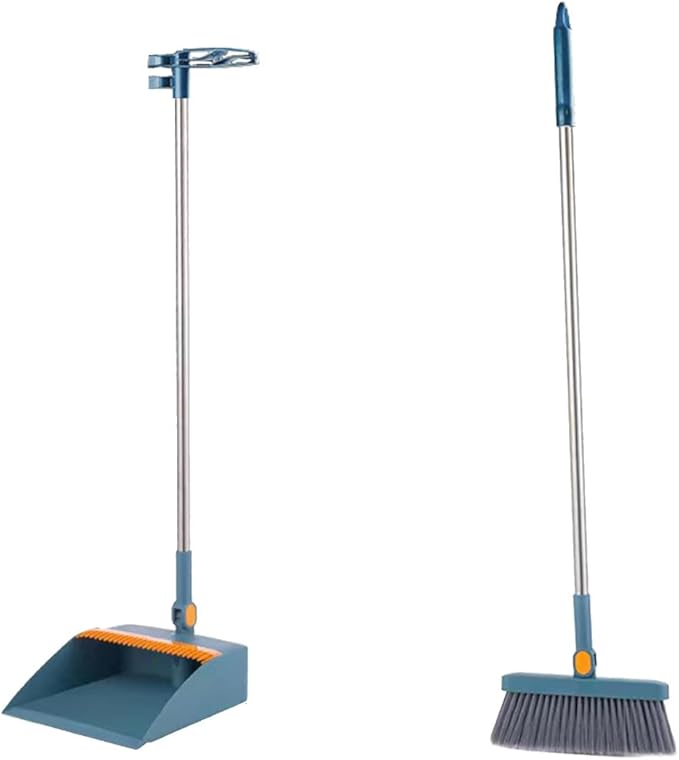 Broom with Dustpan Combo Set 180-degree Rotatable Brooms and Dustpan Set Non-Stick Hair Dustpan Sweeping Brooms Vertical Storage Broom Set Dust Pan and Broom Set for Dog Cat Pets Home Use (Bule)
