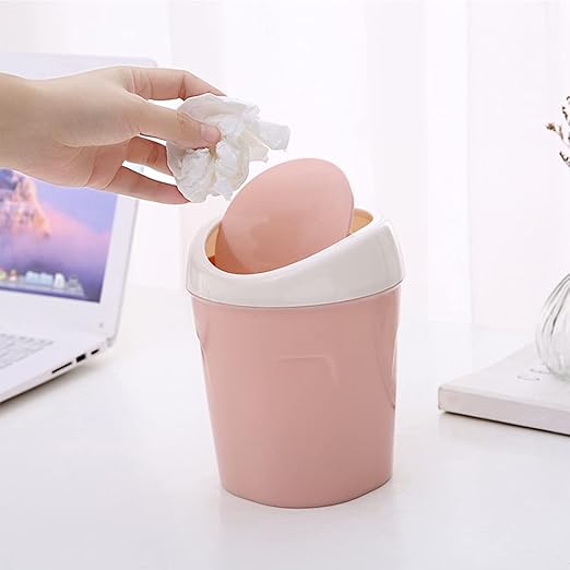 2 Pcs Plastic Mini Wastebasket Trash Can with 120 Trash Bags, Tiny Desktop Waste Garbage Bin with Swing Lid for Home, Office, Kitchen, Vanity Tabletop, Bedroom, Bathroom (Blue + Pink)