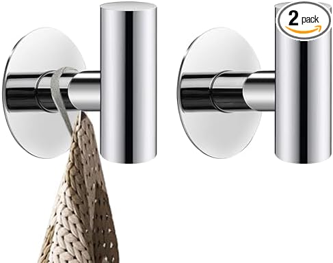 Adhesive Towel Hooks, Chrome SUS 304 Stainless Steel Hooks, Heavy Duty Waterproof Wall Hooks, Self Adhesive Coat Robe Hooks for Bathrooms Kitchen Wall Mounted (Chrome, 2 Pcs)