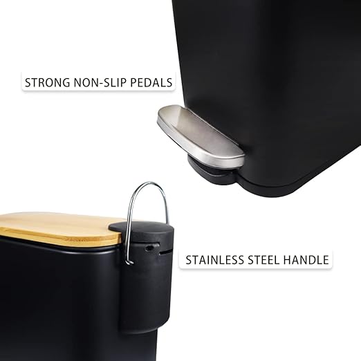 SIDIANBAN Bathroom Trash Can with Bamboo Lid Soft Close and Foot Pedal, Small Rectangular Slim Garbage Can with Inner Wastebasket for Bedroom, Office, Kitchen, 1.3Gal/5L, Black
