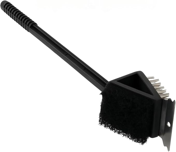 3-in-1 Grill Brush with Scraper, Wire Bristles & Scouring Pad – 18” BBQ Cleaner Tool with Long Handle – Heavy-Duty Grill Cleaning Brush for Barbecue, Gas & Charcoal Grills