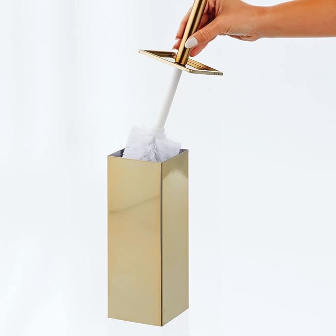 mDesign Steel Square Modern Toilet Bowl Brush and Holder for Bathroom Storage and Organization, Compact Free-Standing Design, Covered Brush - Sturdy, Deep Cleaning - Citi Collection - Soft Brass