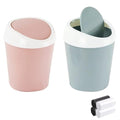 2 Pcs Plastic Mini Wastebasket Trash Can with 120 Trash Bags, Tiny Desktop Waste Garbage Bin with Swing Lid for Home, Office, Kitchen, Vanity Tabletop, Bedroom, Bathroom (Blue + Pink)