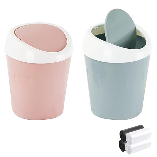 2 Pcs Plastic Mini Wastebasket Trash Can with 120 Trash Bags, Tiny Desktop Waste Garbage Bin with Swing Lid for Home, Office, Kitchen, Vanity Tabletop, Bedroom, Bathroom (Blue + Pink)