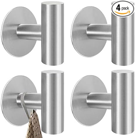 Adhesive Towel Hooks, Brushed Nickel SUS 304 Stainless Steel Heavy Duty Self Adhesive Robe Hooks for Bathrooms Kitchen Wall Mounted (Brushed Nickel, 4 Pcs)