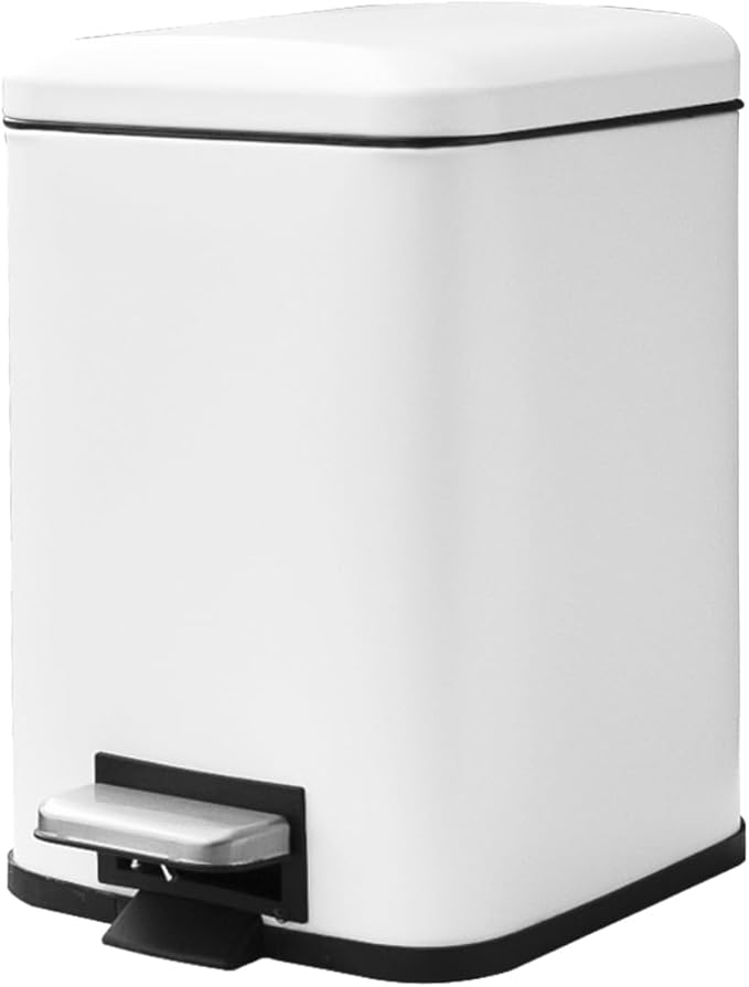 Bathroom Trash Can with Lid, 6 Liter / 1.6 Gallon Small Trash Can with Removable Liner Bucket, Soft Close lid & Step Pedal, White Stainless Steel Garbage Can for Bedroom, Office, Dorm