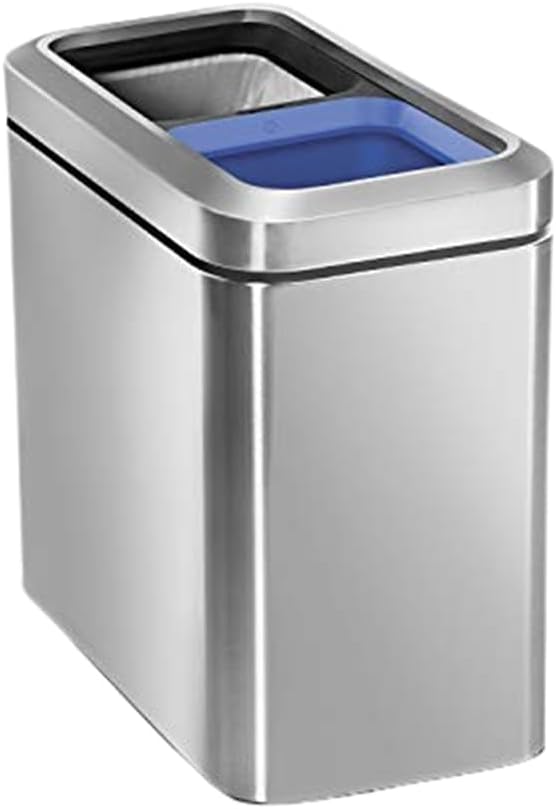 simplehuman 20 Liter / 5.3 Gallon Dual Compartment Recycling Can, Slim Open Top Office Trash Can, Commercial Grade Heavy Gauge Small Trash Can, Brushed Stainless Steel