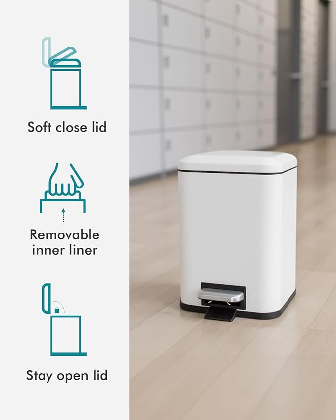 Bathroom Trash Can with Lid, 6 Liter / 1.6 Gallon Small Trash Can with Removable Liner Bucket, Soft Close lid & Step Pedal, White Stainless Steel Garbage Can for Bedroom, Office, Dorm